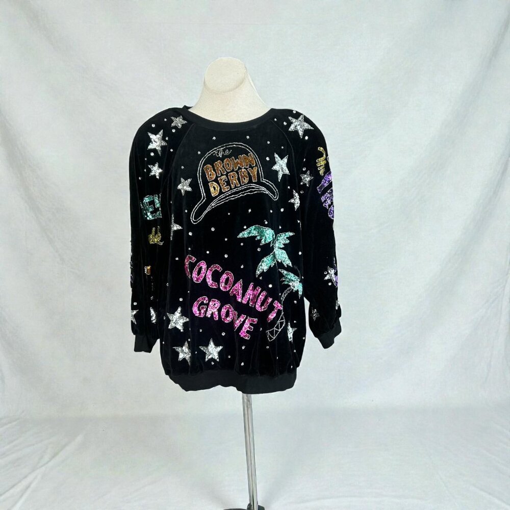 Vintage 80s Black Bonnie Boerer Rhinestone L.A.  Nightclubs Bling Velour Top